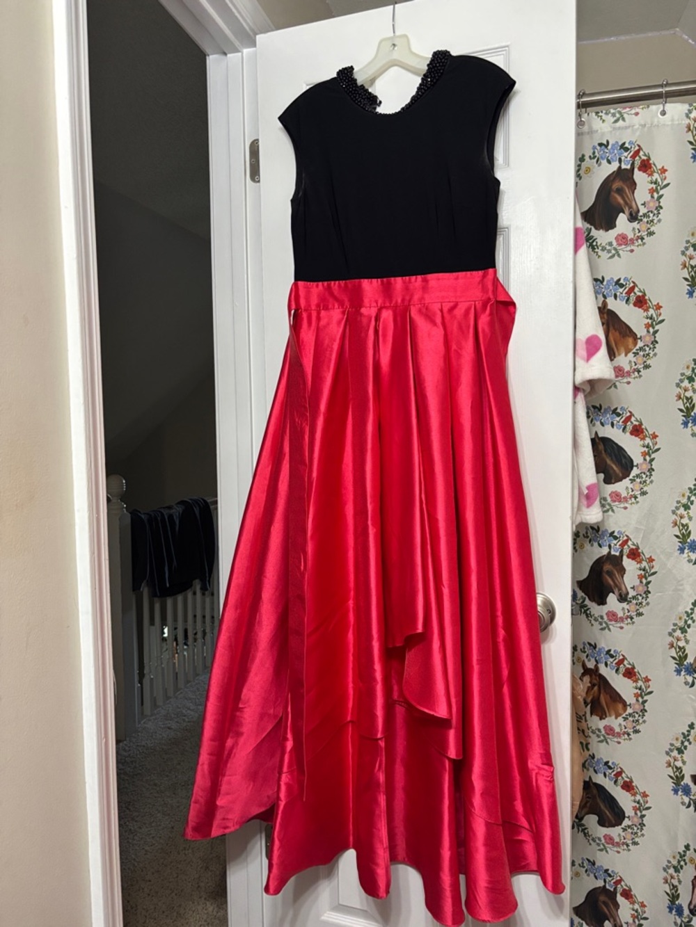 Black Bodice with Red Satin High-Low Skirt Dress